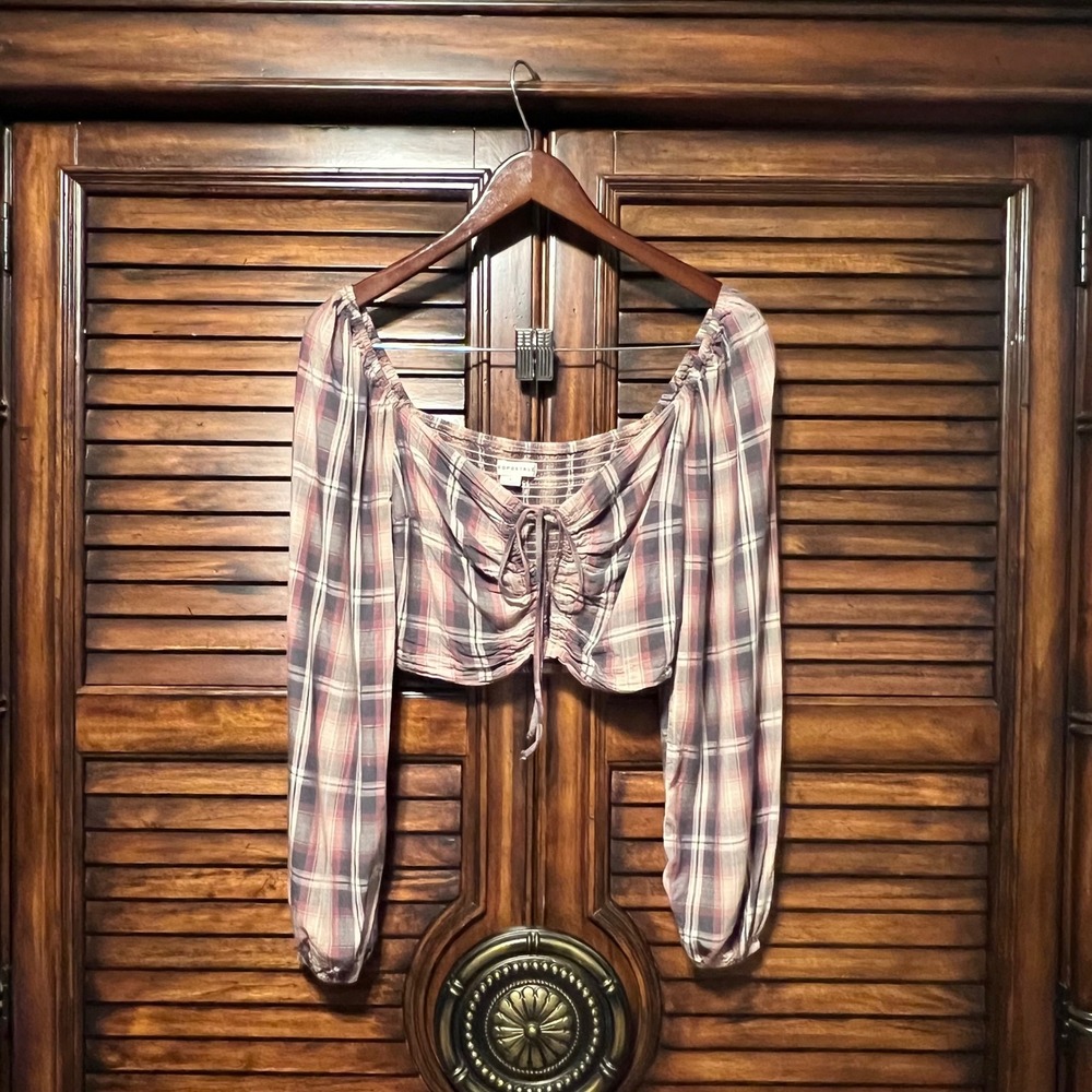 Aeropostale Plaid Cropped Peasant Top Burgundy Grey Smocked Balloon Sleeve Small